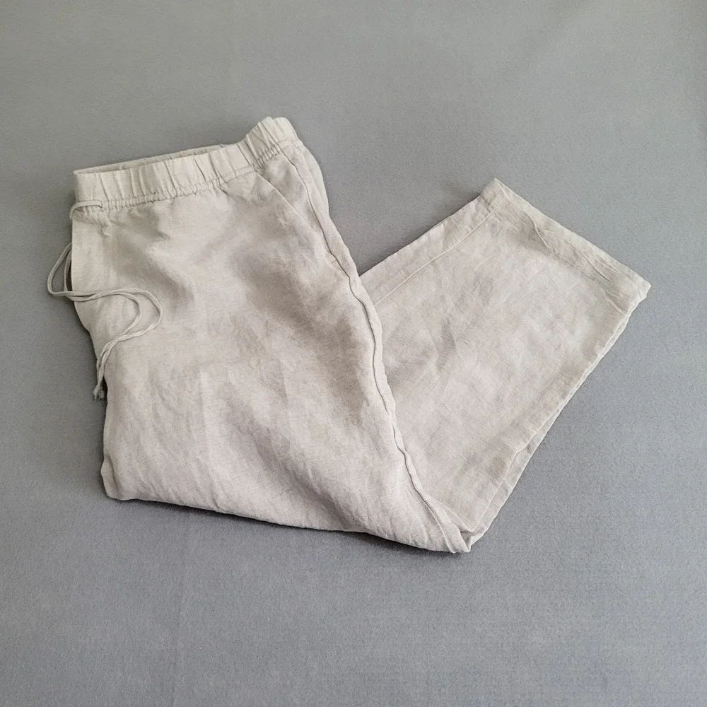 H &‎ M Linen Blend Beige Wide Leg Pants Elastic Waist Women's XL Pockets Boho